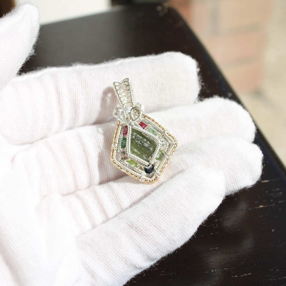 Handmade Moldavite & Tourmaline Pendant – Sterling Silver Crystal Necklace - Picture 9 of 10